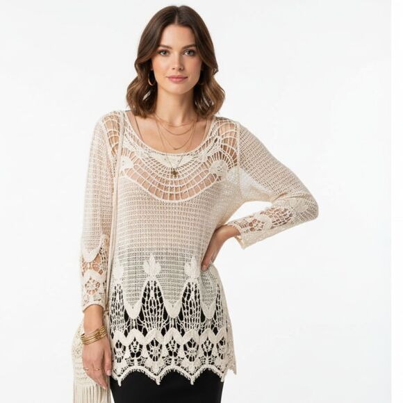 ODDY Tops - Anthropologie Oddy Ivory Crochet Long Sleeve Top M/L NEW